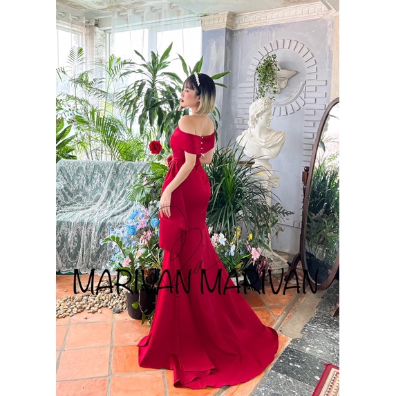 Đầm cưới MARIVAN đuôi cá xẻ phối vây 2in1 đỏ thắm