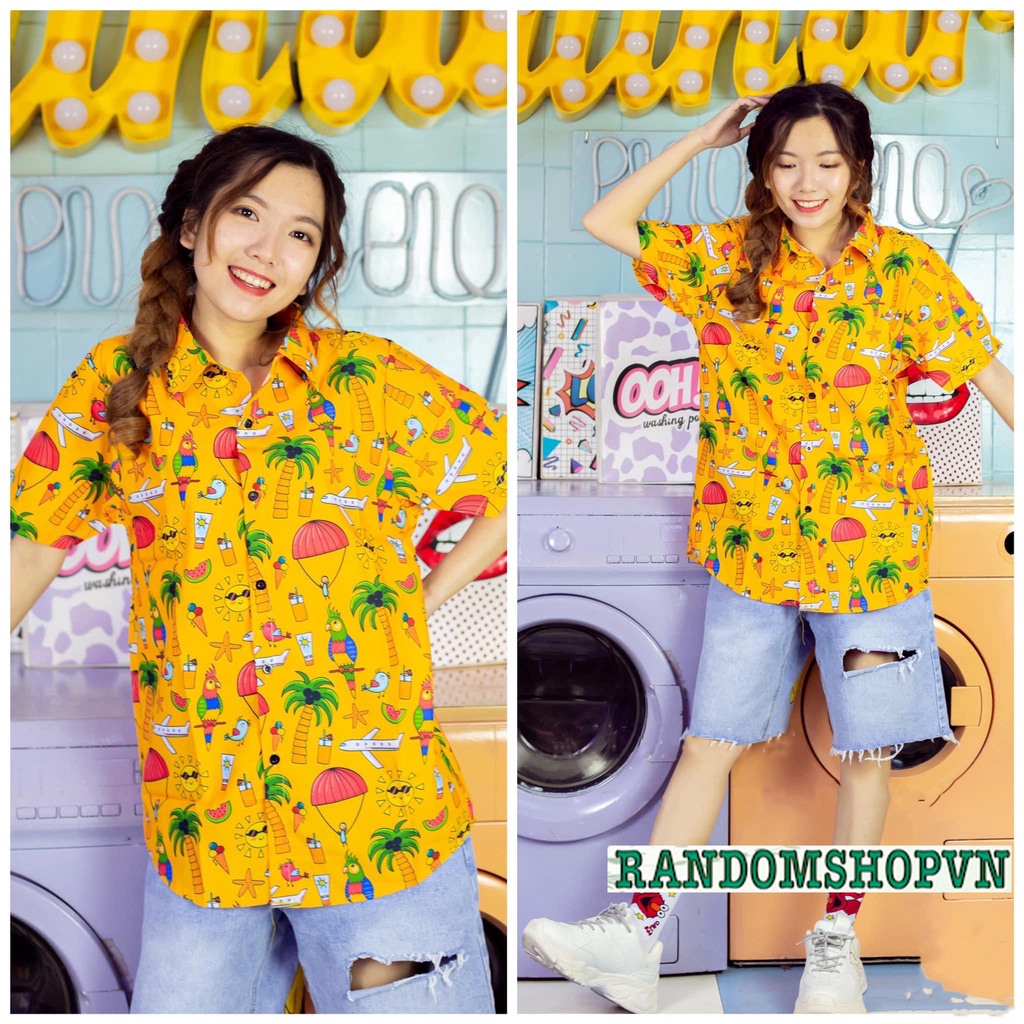 Áo sơ mi hoạt hình họa tiết máy bay nhảy dù chất liệu kate lụa vải mềm mịn mát - La' house uniform