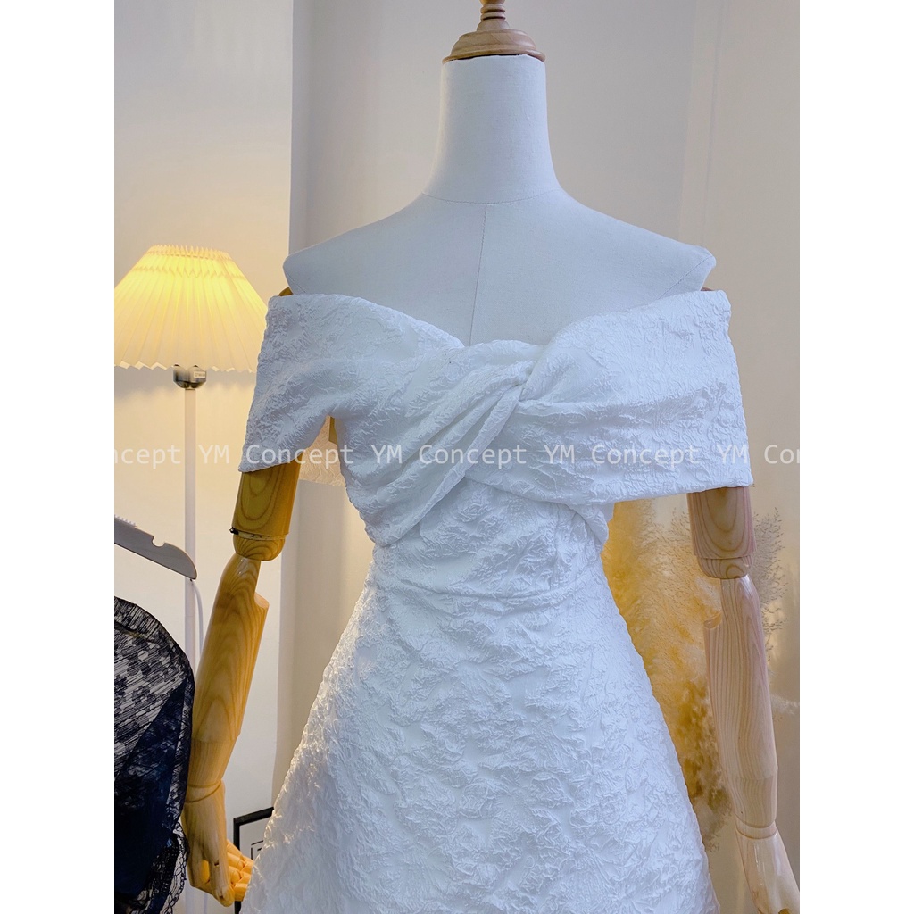 Đầm Gấm Bẹt Vai Nơ Xoắn - YUME Y0610