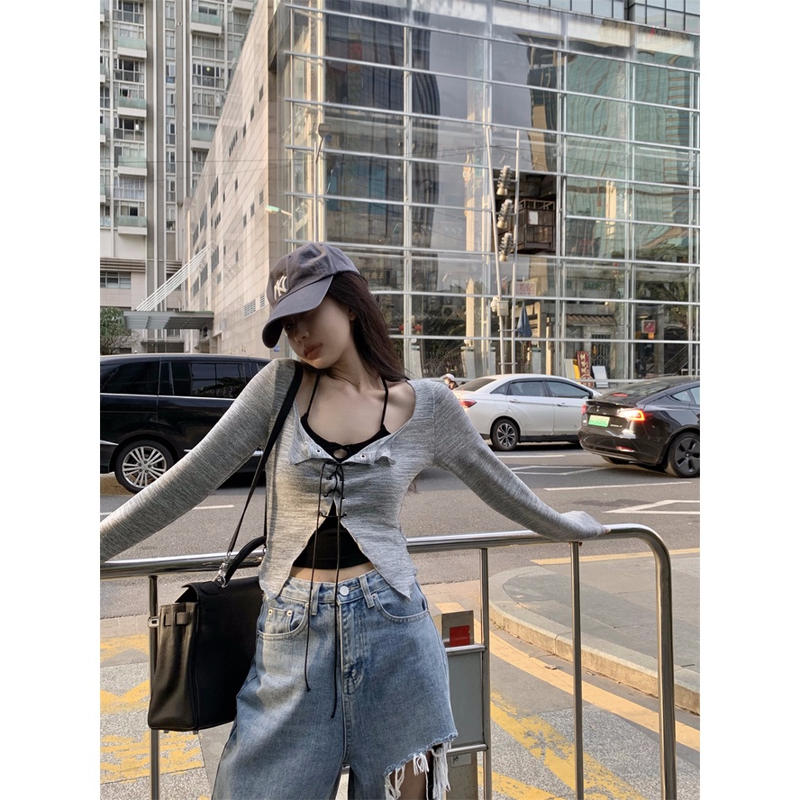 Set đồ ZHELIHANGFEI gồm áo cardigan dệt kim dài tay và áo hai dây thời trang dành cho nữ