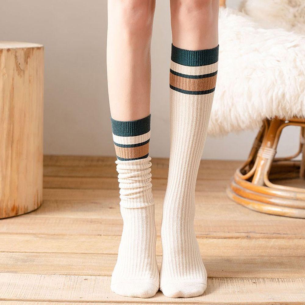 QQMALL Vớ Thể Thao Dài Qua Gối Kẻ Sọc Co Giãn Phong Cách Nhật Bản Cho Nữ