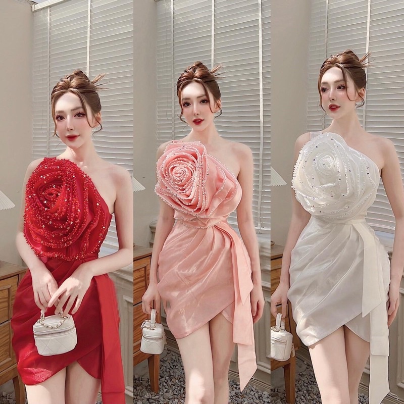 Đầm body dự tiệc lệch vai đính hoa ngọc hình sàn thật 3 màu