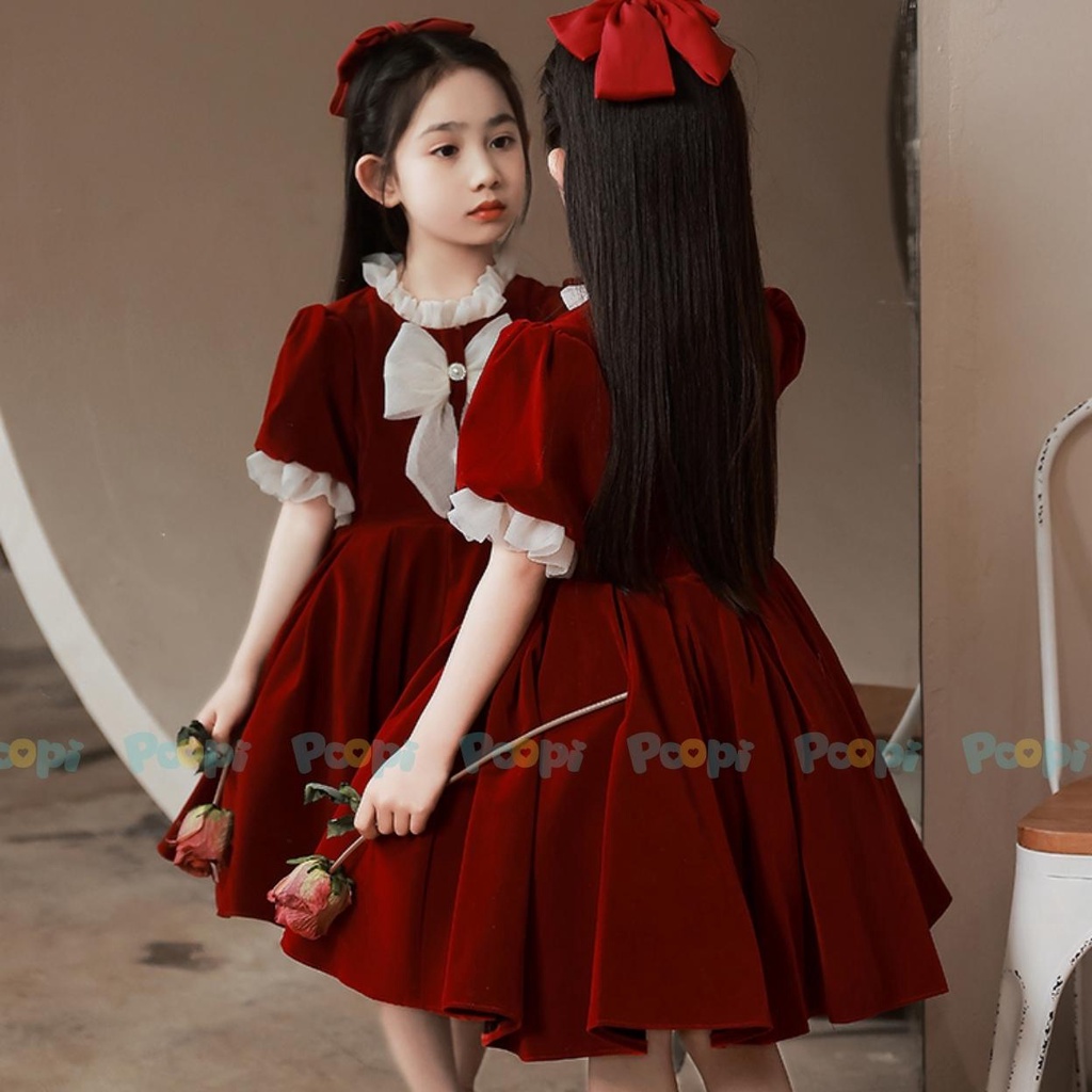 Váy Công Chúa Bé Gái Poopi Dáng Xòe Ngắn Tay Màu Đỏ Đính Nơ Dễ Thương, Váy Tết Cho Bé Gái Đi Chơi