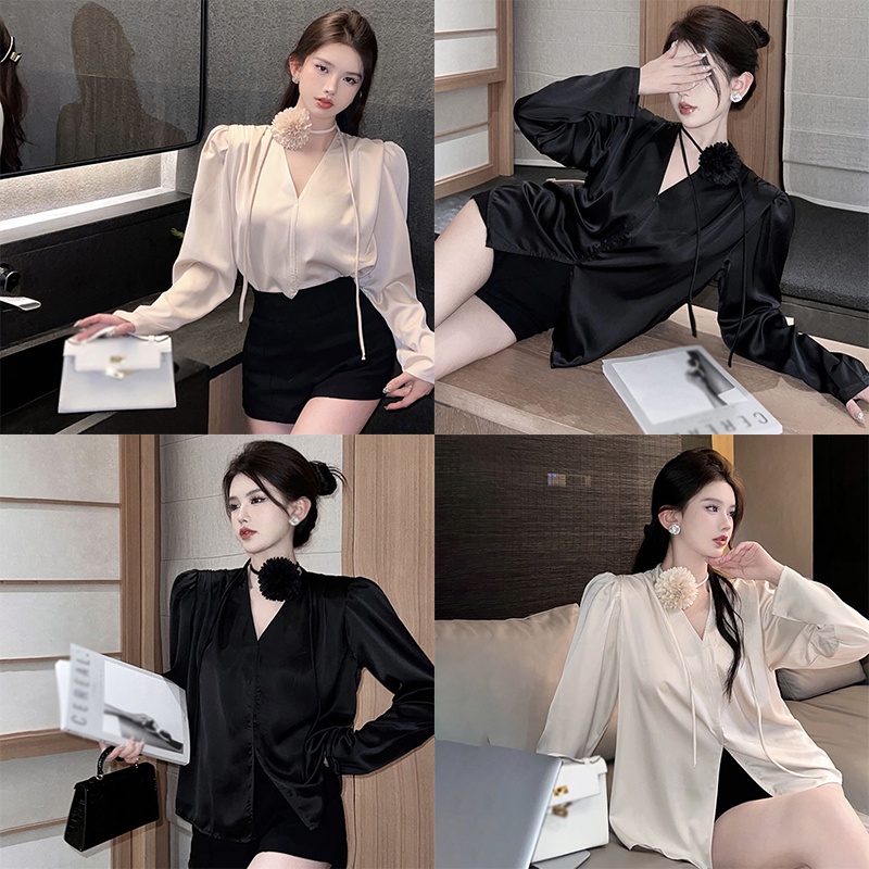 Áo Sơ Mi Nữ Tay Dài Cổ Chữ V Màu Trơn Thời Trang