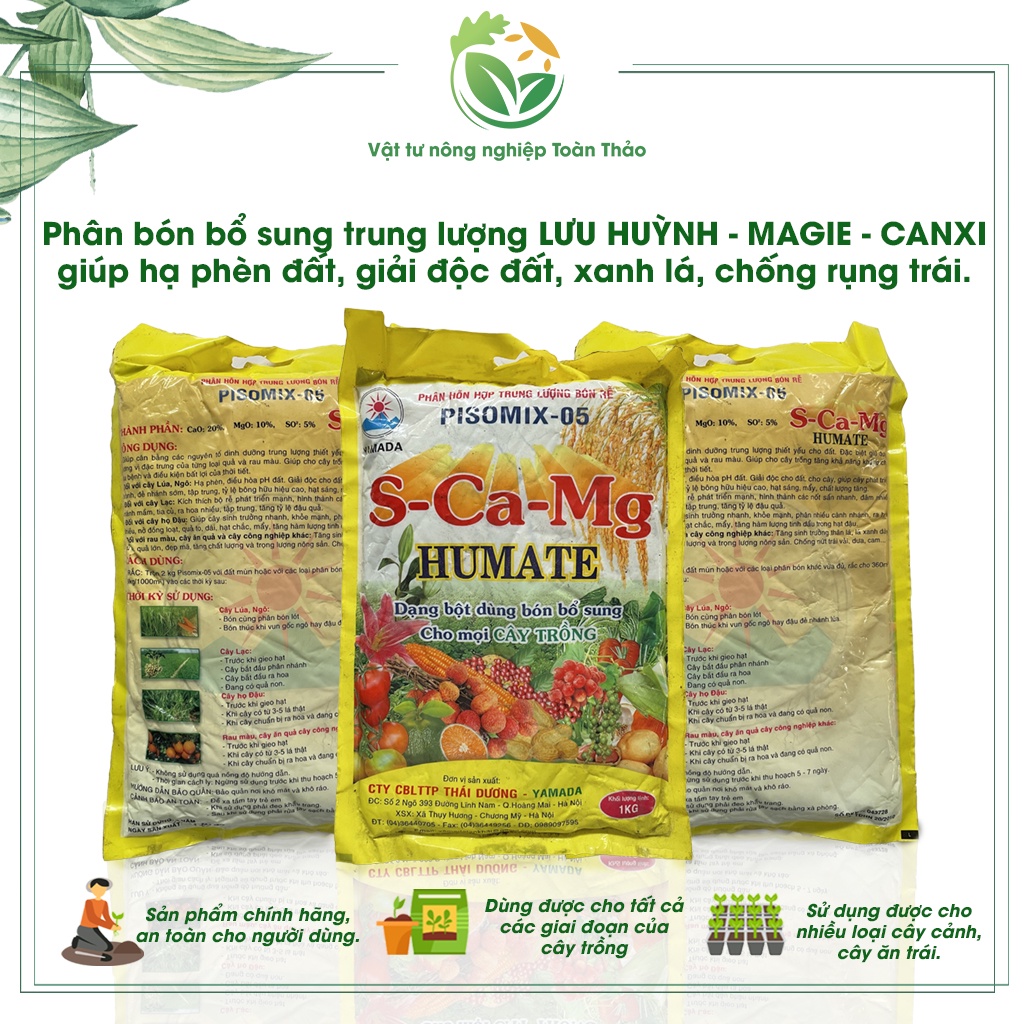 1 kg phân bón bổ sung trung lượng LƯU HUỲNH - MAGIE - CANXI giúp hạ phèn đất, lá xanh dài đẹp, trái bóng, giải độc đất.