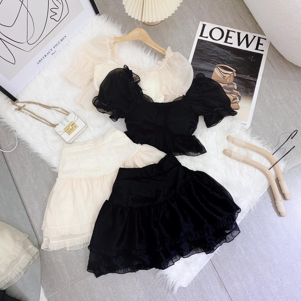 SET ÁO CROPTOP VOAN XOÈ BÈO + CHÂN VÁY TẦNG BÈO