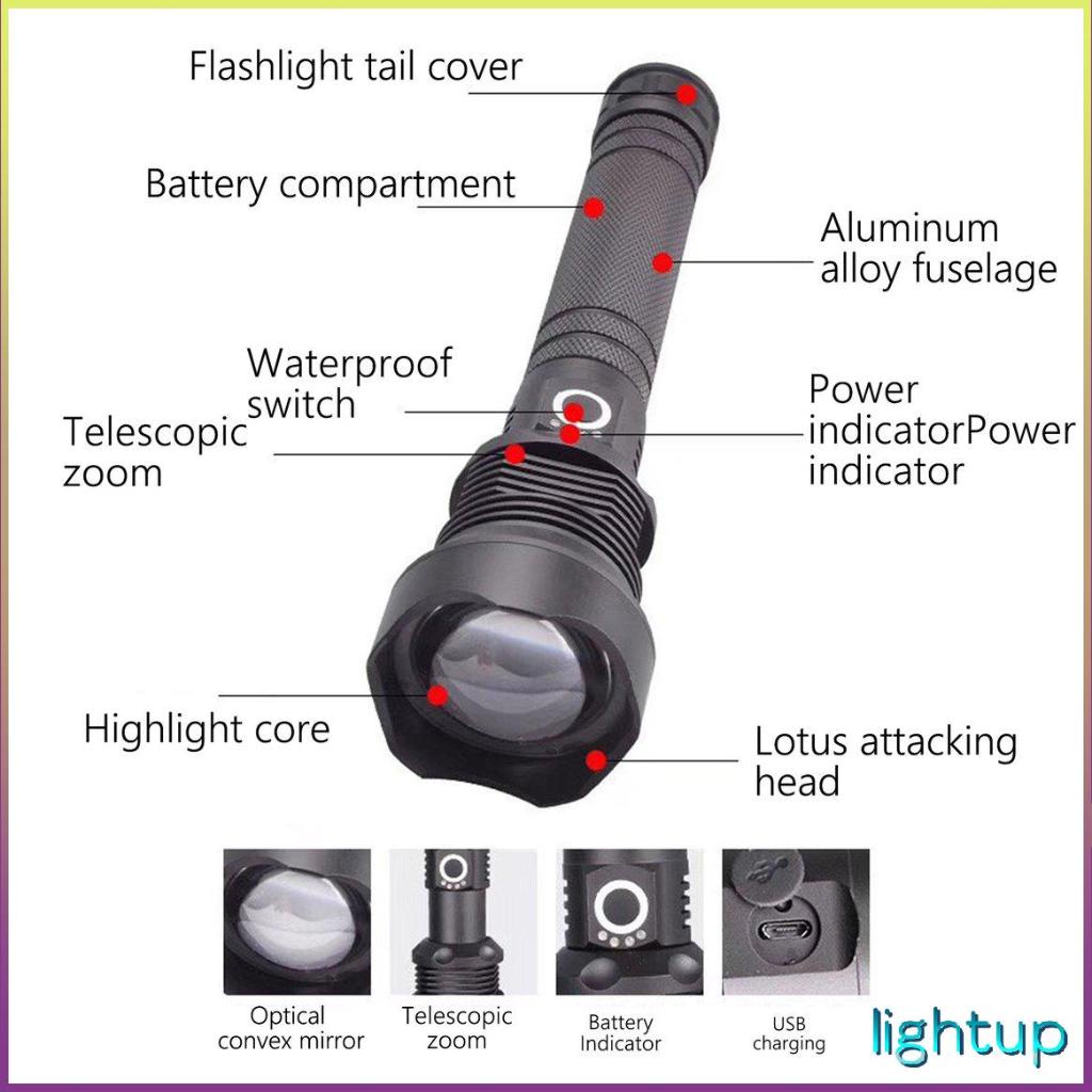 Đèn pin nhôm Led công suất cao P70 Usb ngoài trời có thể sạc lại