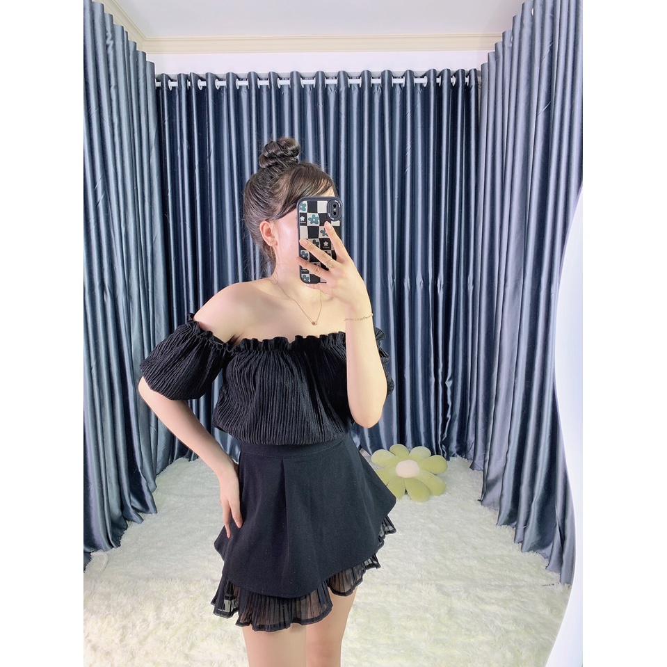 Áo kiểu bẹt vai viền bèo xốp kiểu dáng croptop cực xinh