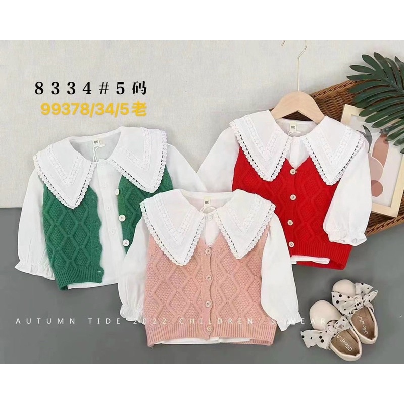 Áo sơmi kèm ghile len cao cấp 2 chi tiết cho bé gái xinh