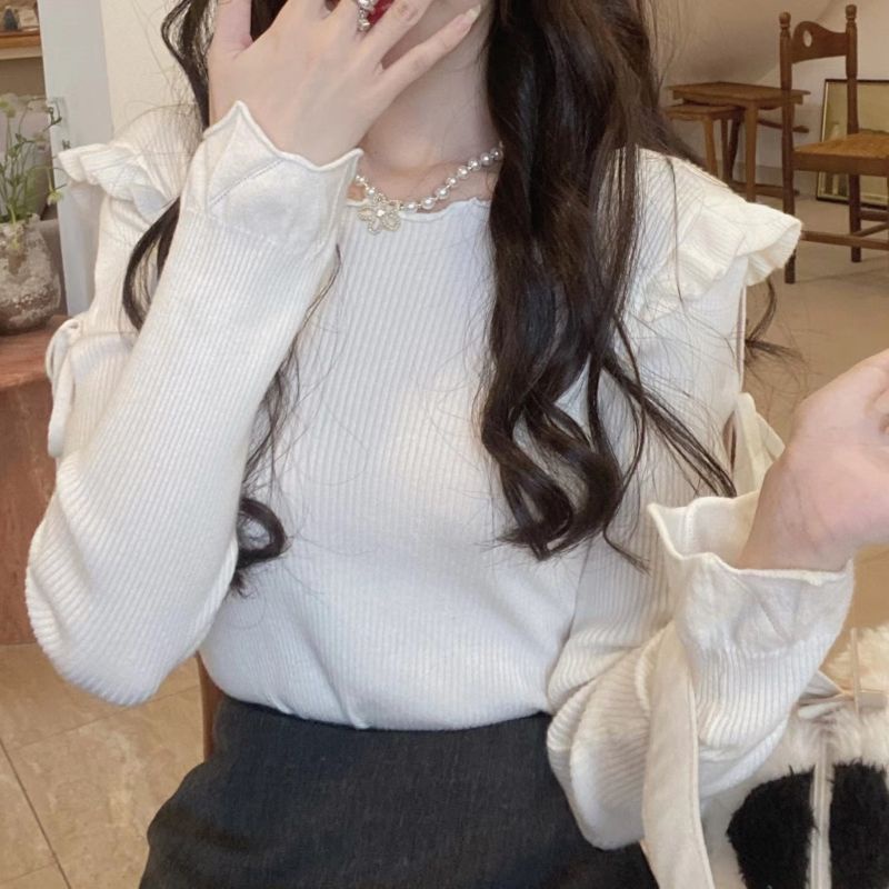 Jiashucheng Áo Thun Tay Dài Dáng Ôm Hở Vai Viền Nấm Viền Hở Vai Phong Cách Hàn Quốc