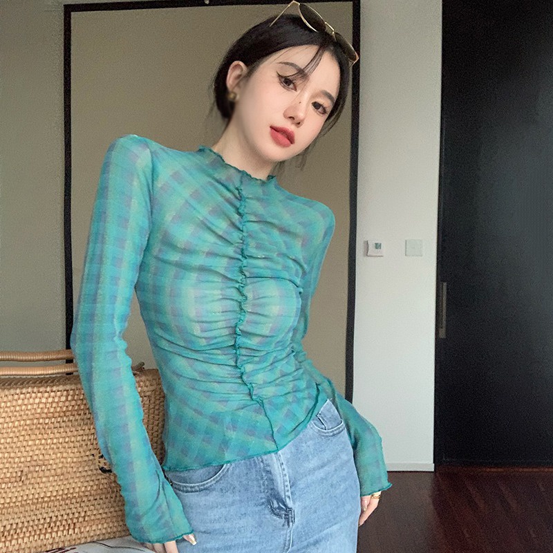 Áo Lưới Tay Dài Cổ Lọ Trong Suốt Thời Trang Mùa Hè Phong Cách Hàn Quốc