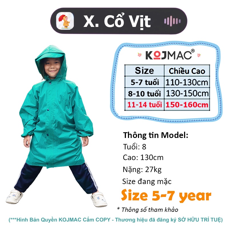 Áo Mưa Trẻ Em Bít Hông Kín Người Dây Kéo Khóa Tiện Lợi