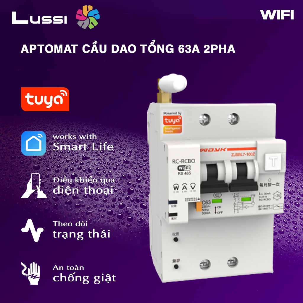 Aptomat cầu dao RCBO CB thông minh đo điện NAWNH chống giật công suất 63A - 2 pha