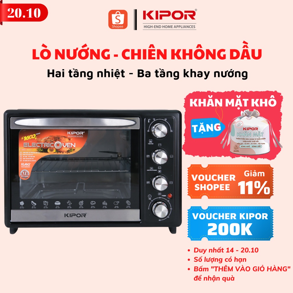 Lò nướng, chiên không dầu KIPOR KP-OV5438 - 38L - Nhiệt lò 250 độ, thanh nhiệt trên dưới - Bảo hành tại nhà 12 tháng