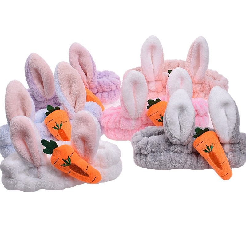 Băng Đô Rửa Mặt Tai Thỏ Carot 3D Bờm Rửa Mặt Vải Bông Nhung Xù