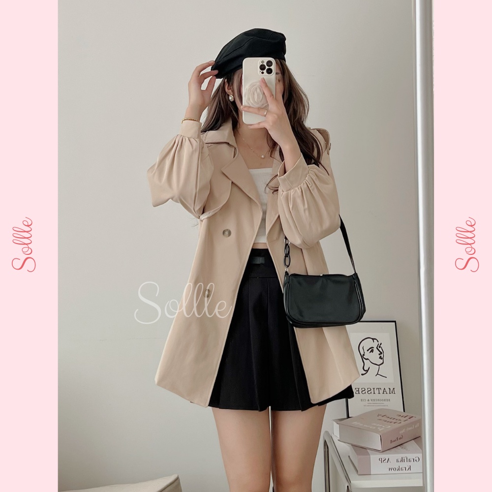 Áo khoác nữ măng tô dáng lửng kèm đai chất kaki dày đẹp 2 lớp trơn nhiều màu Hàn Quốc Sollle