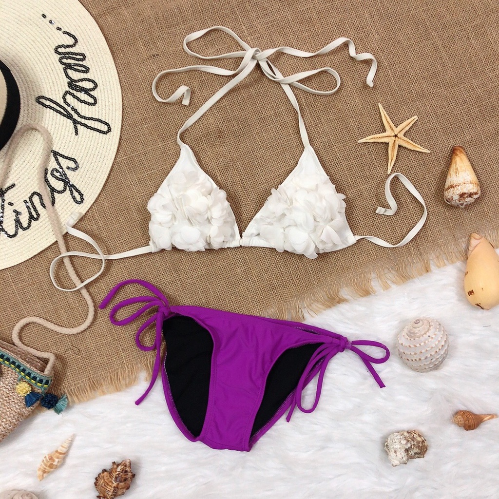 Bikini nữ 2 mảnh đồ bơi quần chip áo tam giác đính bông mix quần chip cột dây màu tím sang chảnh