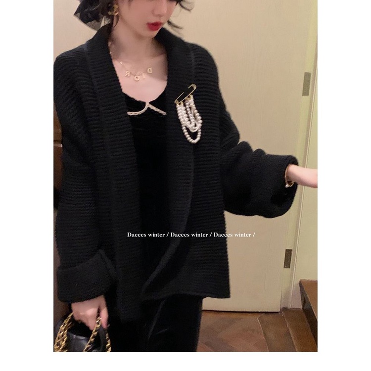 2023 Đầm midi Đen Tay Dài Phong Cách Retro Thanh Lịch Cho Nữ