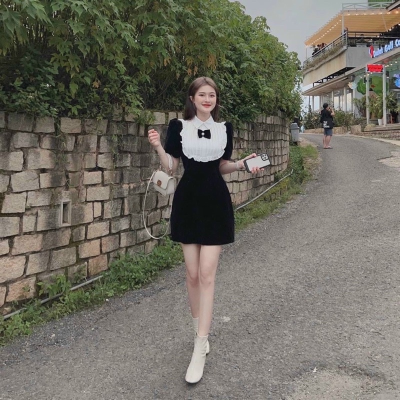 Đầm Tuyết Mưa Dáng Xoè Cổ Sơ Mi Nơ Tay Ngắn