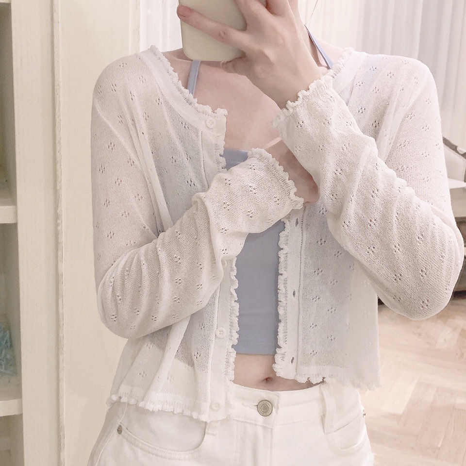 Áo Khoác Cardigan Dệt Kim Siêu Mỏng Bán Trong Suốt Màu Trắng / Xanh Lá / Hồng Cơ Bản Dễ Phối Đồ Thời Trang Mùa Hè Mát Mẻ