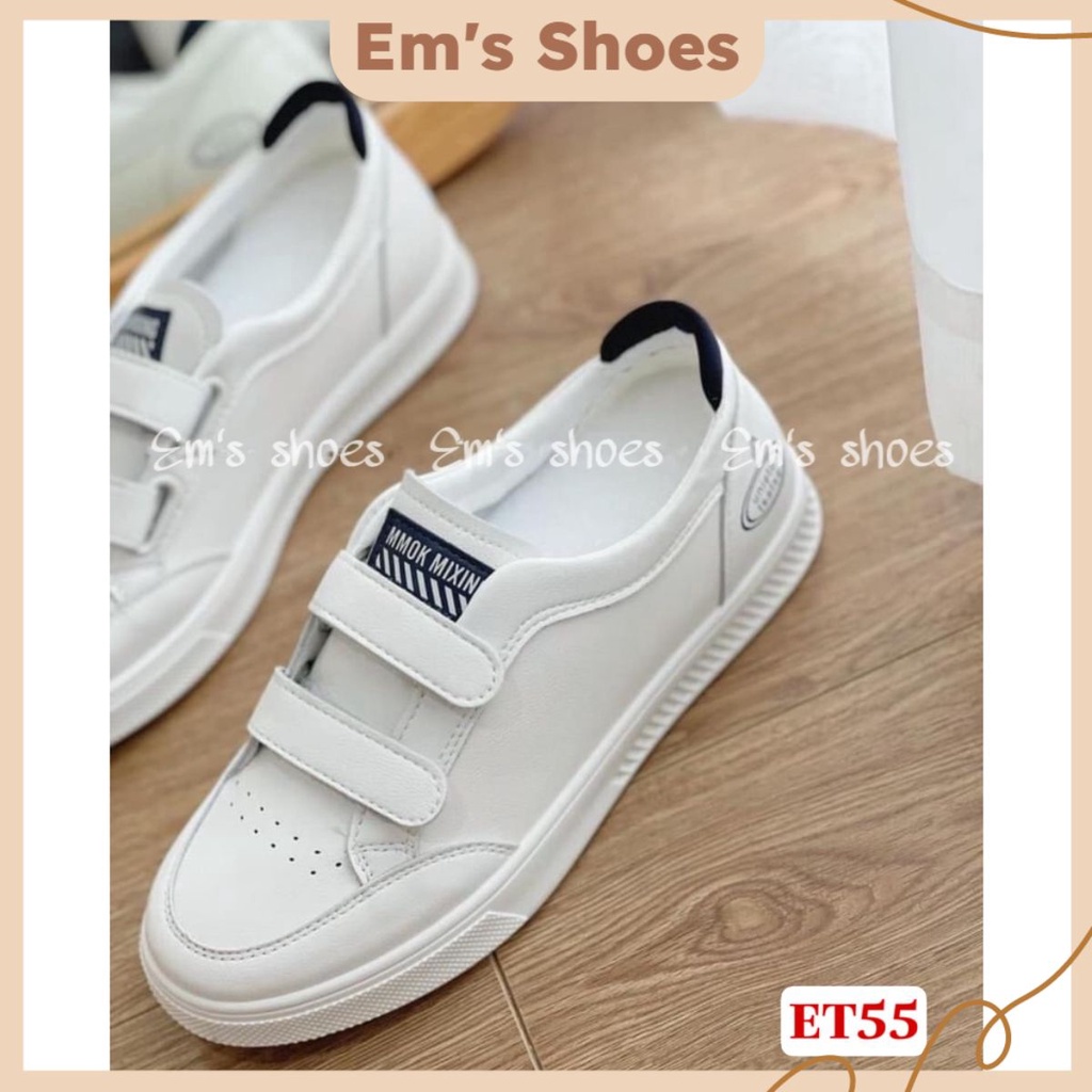 Giày bata sneaker thể thao nữ cổ thấp khóa dán chất da cao cấp đế cao 1cm màu trắng et55 - Em’s Shoes