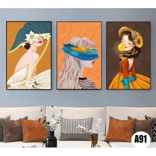 Bộ 3 bức tranh canvas cô gái khung gỗ, tranh phòng khách, phòng ăn, phòng ngủ tranh canvas decor