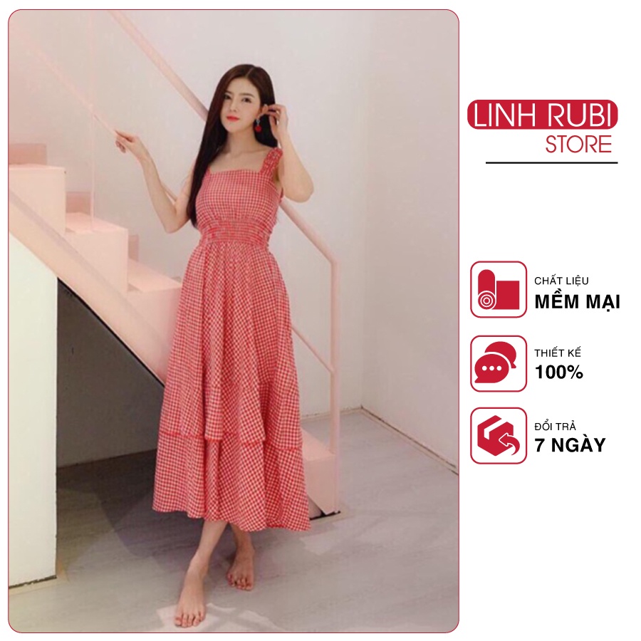Đầm maxi kẻ ô cánh tiên chun eo dáng xòe chất thô mát LINH RUBI STORE V076