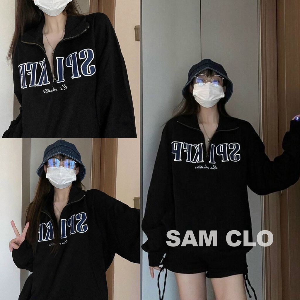Áo sweater polo nam nữ tay dài thu đông kéo khóa cổ thời trang unisex in chữ XANH SPIKSP