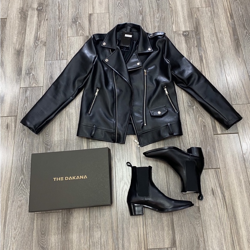 THE DAKANA Chelsea Boots Mũi Nhọn Đế Cao 5cm Da Bò Nguyên Tấm Khâu Thủ Công Gót Gỗ - Giày bốt nam công sở