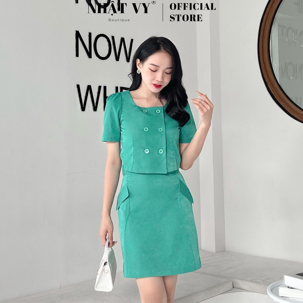 Áo cổ vuông công sở Nhật Vy cài cúc kèm chân váy đắp túi chất thun tapta phù hợp đi chơi dạo phố cafe - D2515