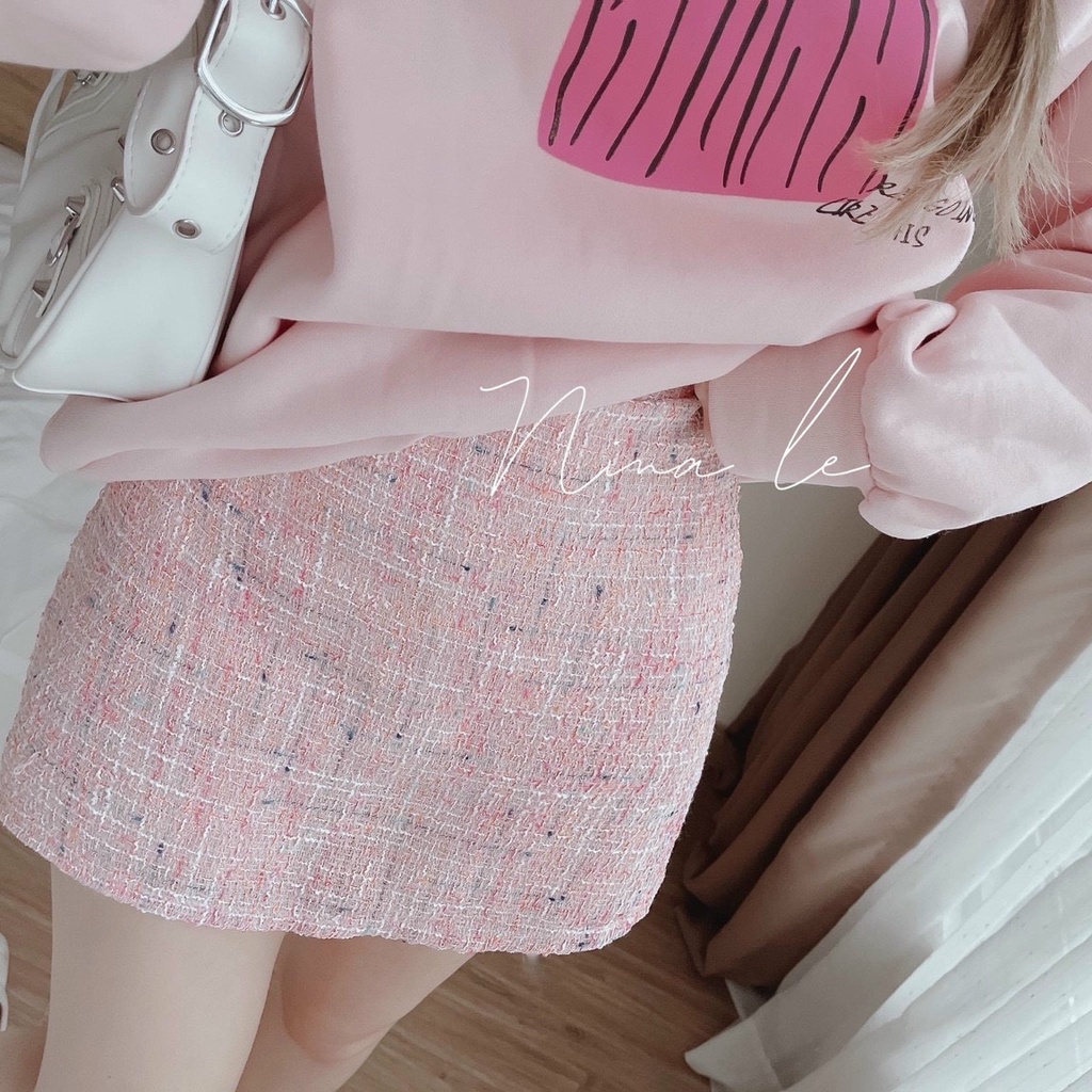 [10.10 Sales Freeship] Set áo nỉ tay dài màu hồng in hình cổ tròn mix chân váy dạ chữ A đi chơi dễ thương, cute dx