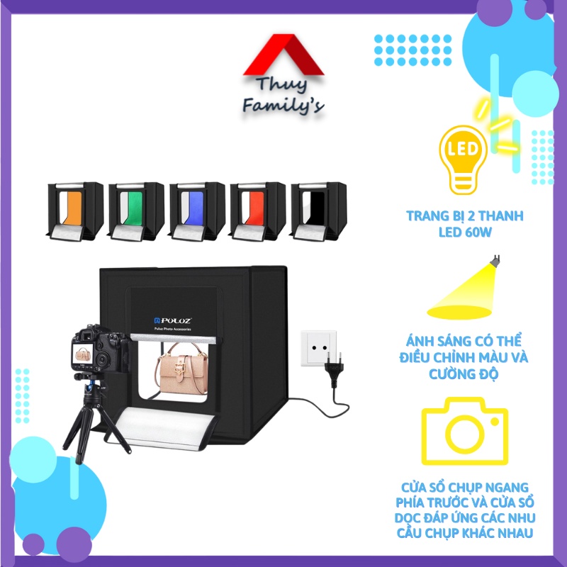 Hộp chụp ảnh, Hộp chụp hình sản phẩm PULUZ size 40cm có cửa mặt trước, tặng kèm 6 phông nền