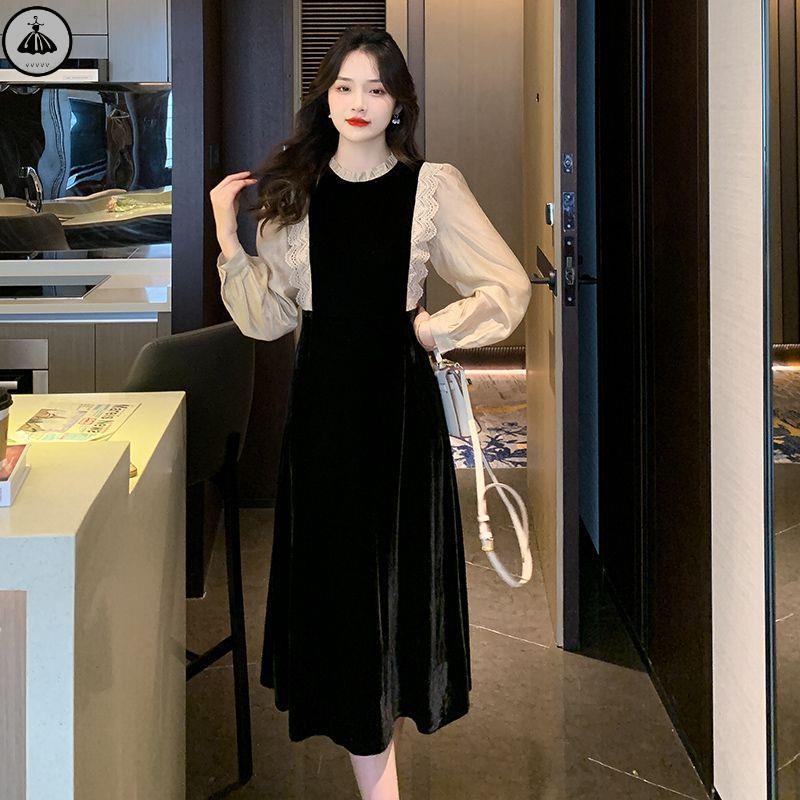 Váy babydoll Đầm Nhung Giả Hai Mảnh Phối Ren Phong Cách Hepburn Cỡ Lớn Thời Trang Thu Đông Kiểu Mới