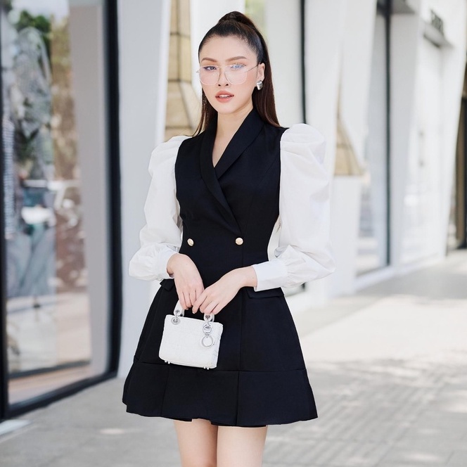 RECHIC Đầm ngắn Alexa dáng vest tay dài xếp ly ở lai sang trọng thời thượng phù hợp đi làm