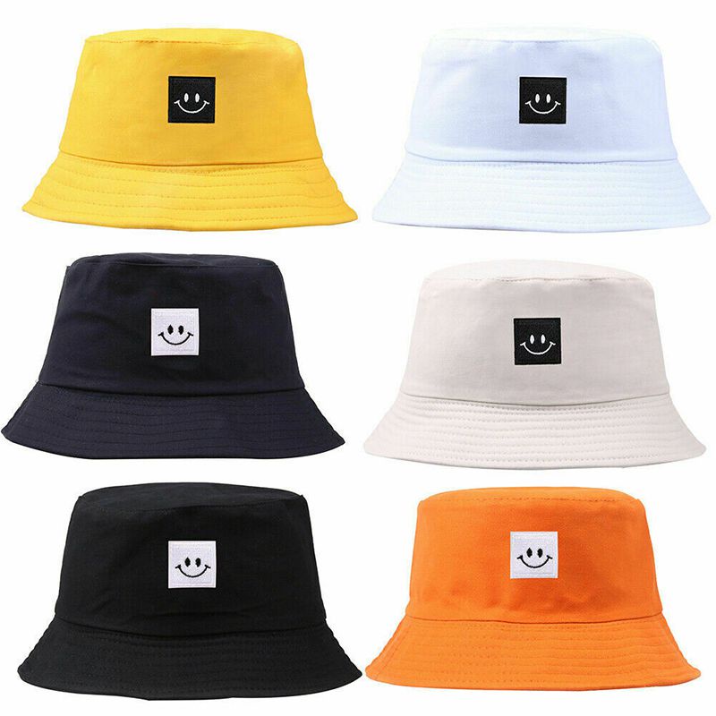 Smiley Face Patch Solid Color Folding Fisherman Hat Outdoor Men Women Bucket Cap