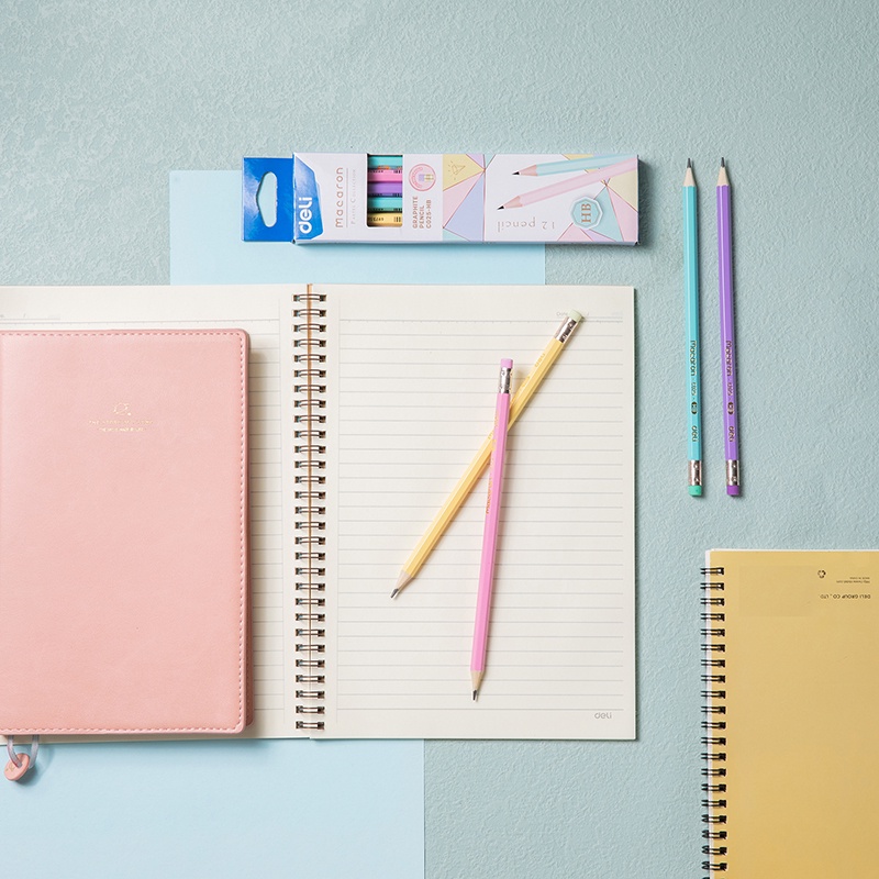 Hộp 12 cây bút chì vẽ DELI EC025-HB màu macaron xinh xắn