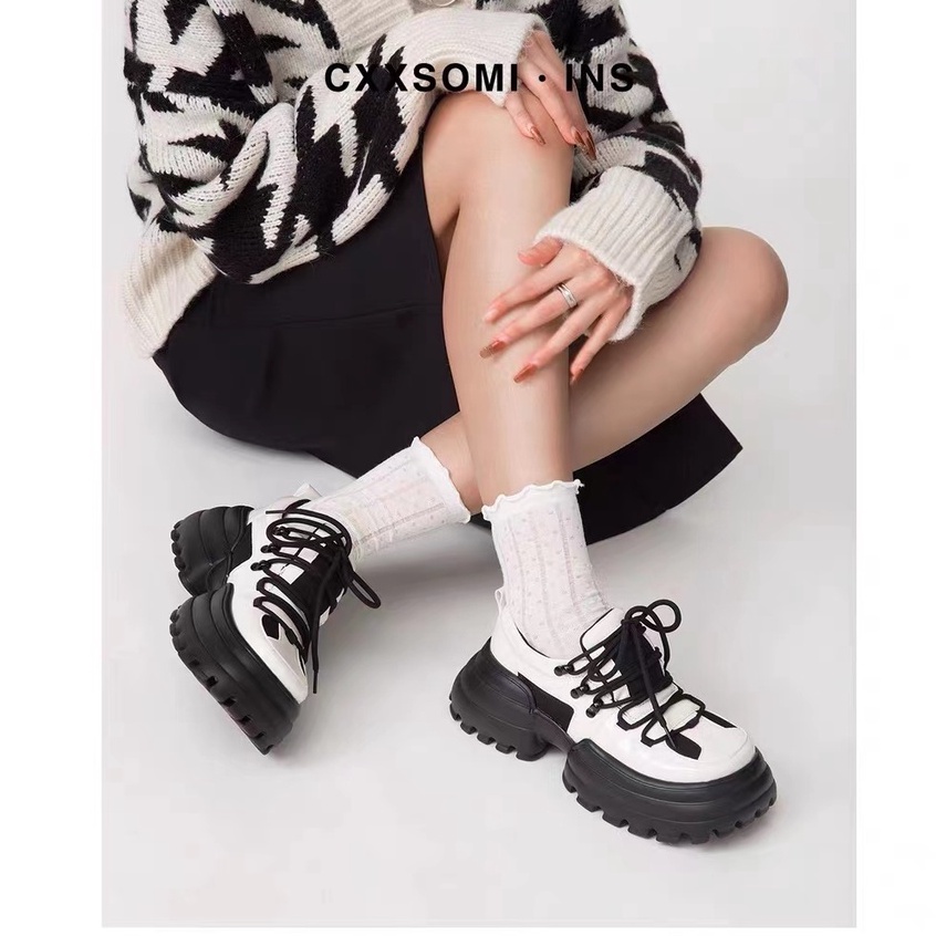 Giày Da Mũi Tròn Đế Dày Buộc Dây Kiểu Anh Thời Trang Cho Nữ