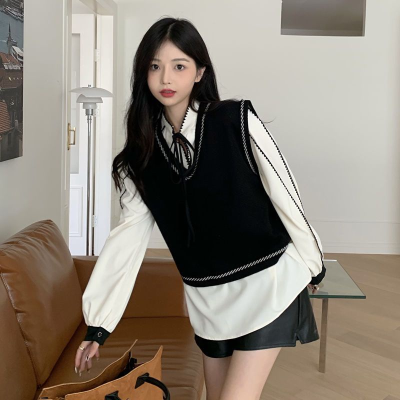 Áo ghi lê nữ Set Áo Sơ Mi Cộc Tay Cổ Chữ V + Áo Len Cột Dây Dáng Rộng Màu Sắc Retro Phong Cách Pháp Cho Nữ