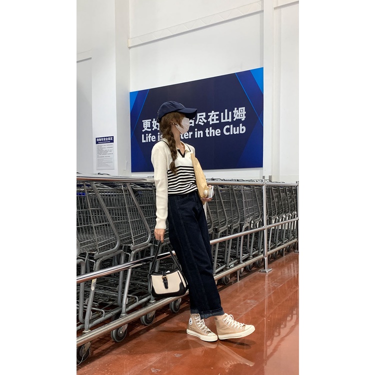 ZHELIHANGFEI Áo Sweater Tay Dài Cổ POLO Lưng Cao Dáng Ôm Họa Tiết Kẻ Sọc Thời Trang Trẻ Trung