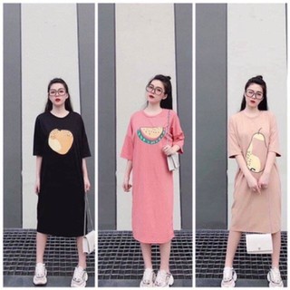 Đầm suông, váy xuông chất cotton in hoa quả dáng rộng cổ tròn ba màu không túi