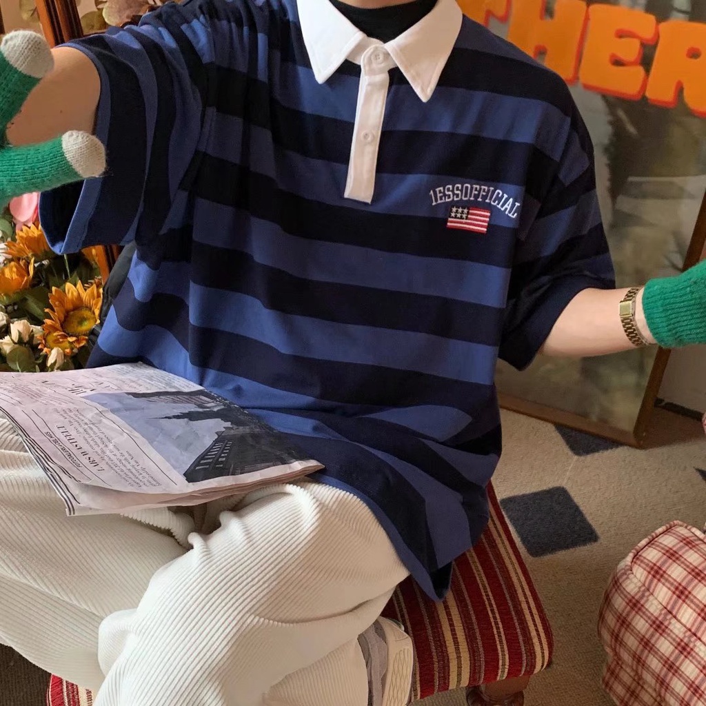 Áo polo Dáng Rộng Họa Tiết Kẻ Sọc Thời Trang Mùa Hè Cho Nam