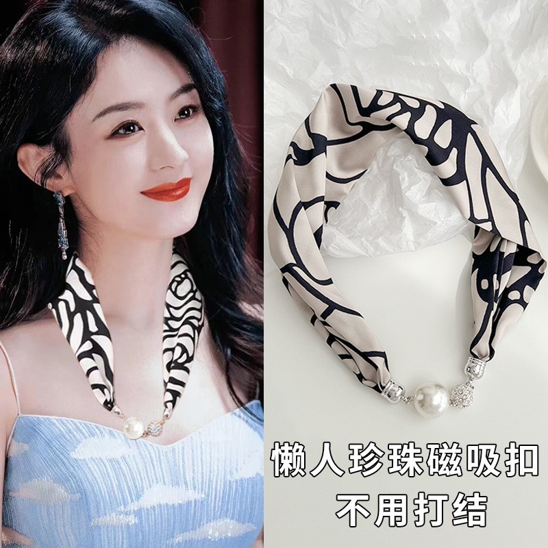 Khăn lụa hoạ tiết rằn ri-cổ điển có dây bạc lấp lánh nam châm trước cổ lạ mắt THY THY STORE
