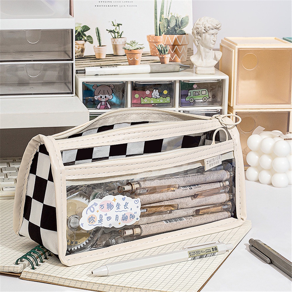 Túi Đựng Bút Họa Tiết Kẻ Ô Màu Trong Suốt Sức Chứa Lớn