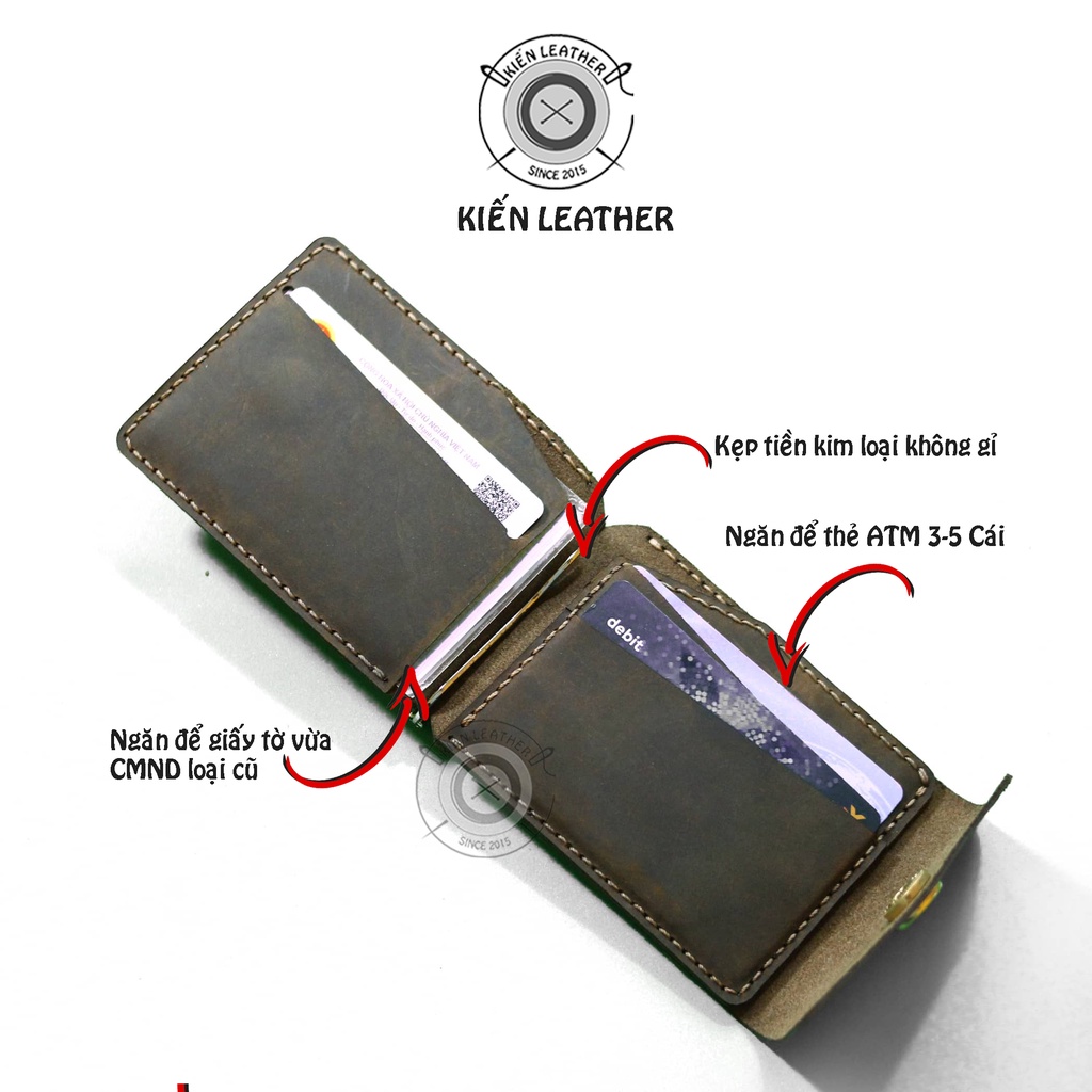 Ví nam mini, ví kẹp tiền money clip thiết kế Kiến Leather