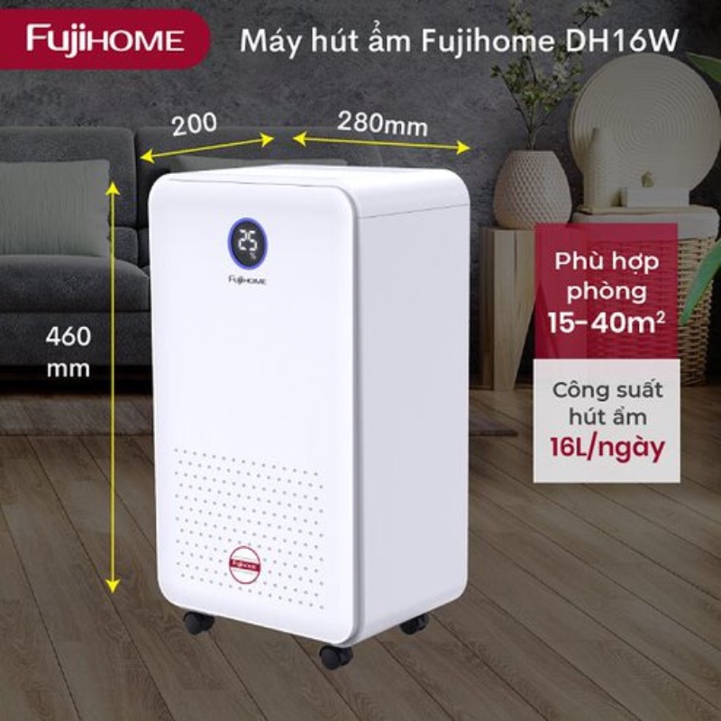 Máy hút ẩm dân dụng 16 lít/ ngày FUJIHOME DH16W lọc không khí công suất 16L/ngày - Công nghệ Nhật - Hãng chính hãng