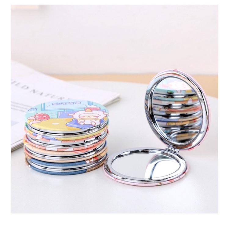 Gương Trang Điểm Hai Mặt Hình Tròn Nhỏ Bằng Da pu Họa Tiết Hoạt Hình Có Thể Gập Lại