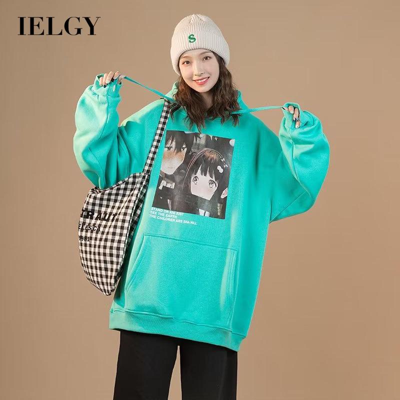 IELGY    Áo Hoodie Dáng Rộng In Họa Tiết Hoạt Hình Phong Cách Hong Kong Thời Trang Cho Nữ