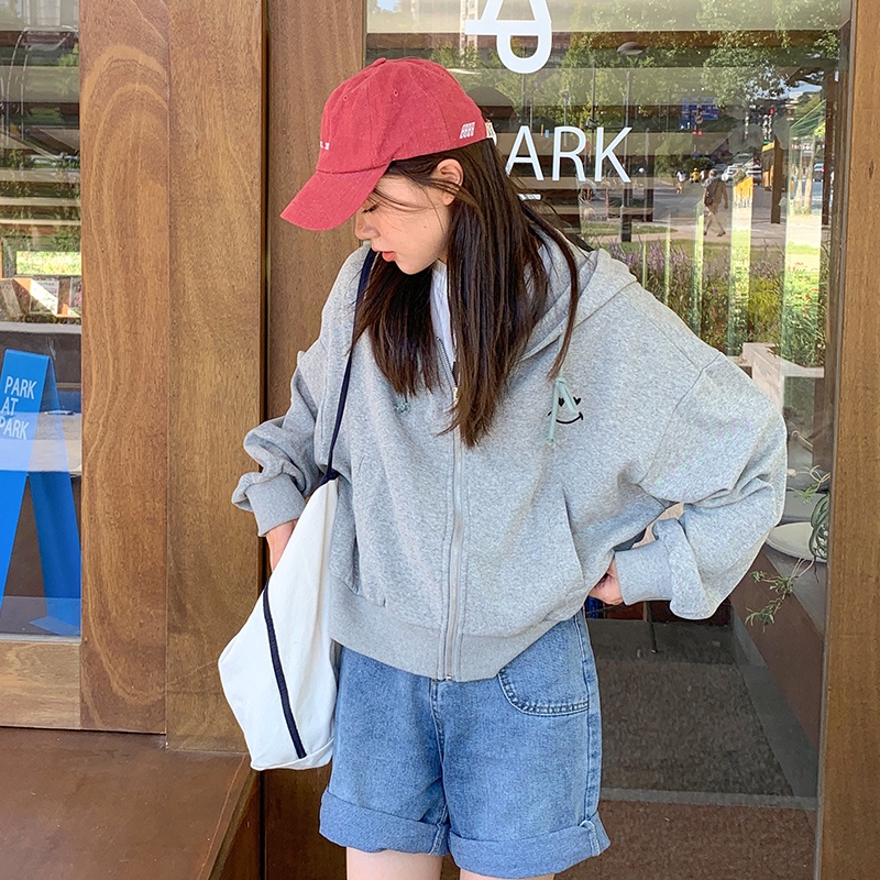 Áo khoác hoodie thể thao SUXI tay dài dáng rộng thêu họa tiết xinh xắn dễ phối đồ thời trang xuân thu cho nữ