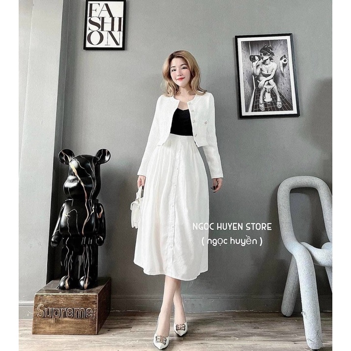 Set 3 món nữ set áo crop đen+ áo khoác đính nút tay dài+ chân váy trắng dài lên dáng tiểu thư sang chảnh
