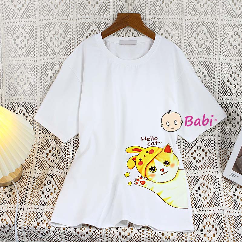 Áo thun form rộng ngắn tay in hình cho mẹ và bé, Áo Babi phong cách Hàn Quốc thun cotton cao cấp bé gái size đại 17-55kg